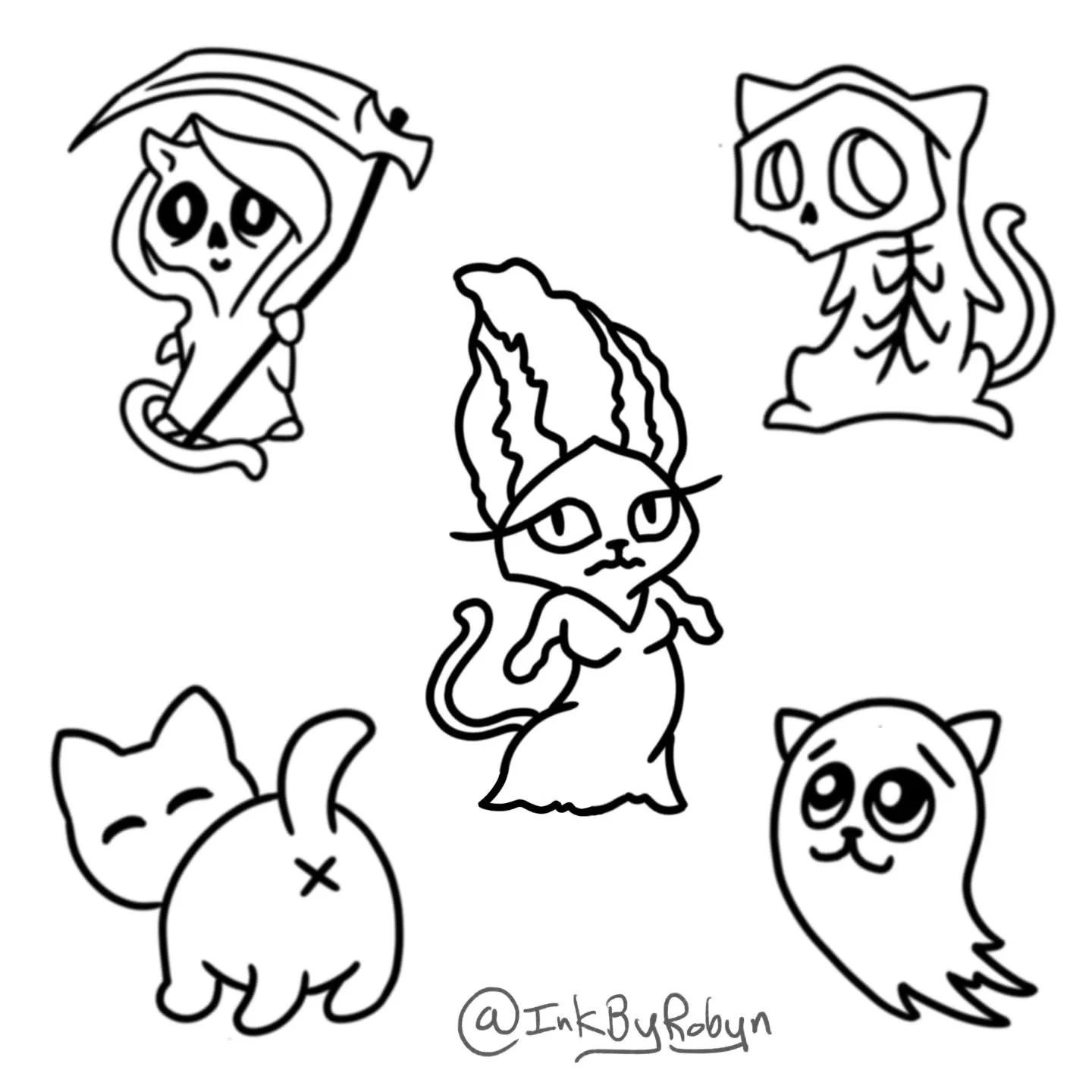 💫Sea-Meow Con is just around the corner💫 @seameowcon 🐈&zwj;⬛️ 

Here are two out of the four flash sheets that will be available! Keeping it cute, simple &amp; spooky this year 🖤 Pricing will be posted once all flash sheets are released 💸 
 
🗓 