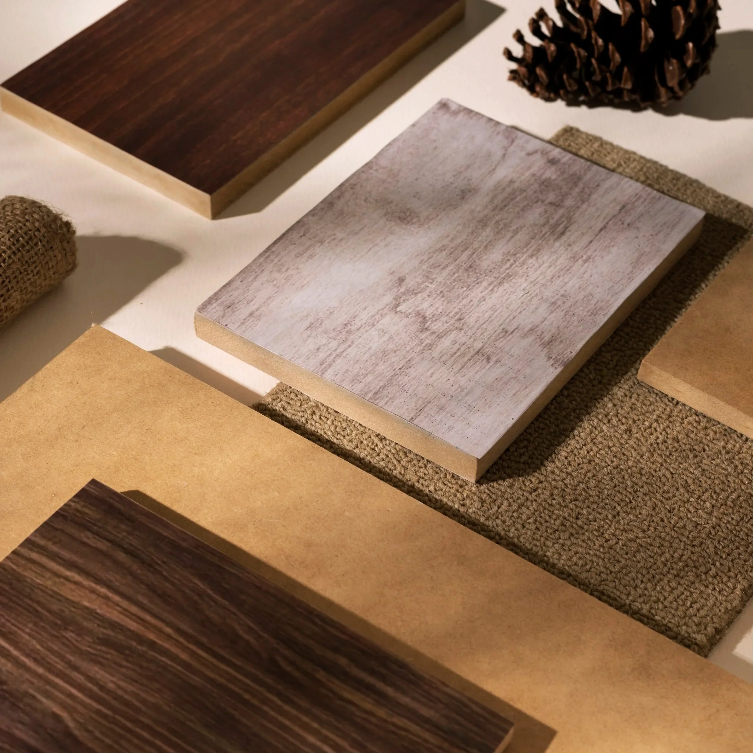Sample display of various textured and colored material samples, including wood, metal, fabric, and faux fur pieces, arranged on neutral-colored surface.