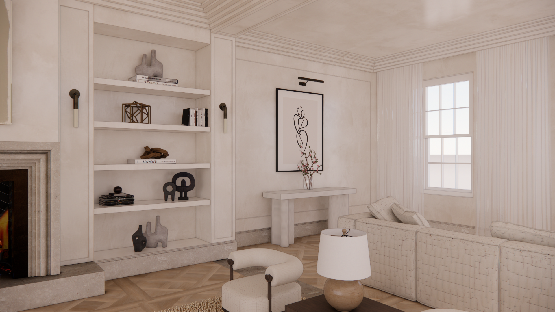 Formal living room with inbuilt joinery, fireplace, curtains and contemporary traditional furniture with parquetry floors