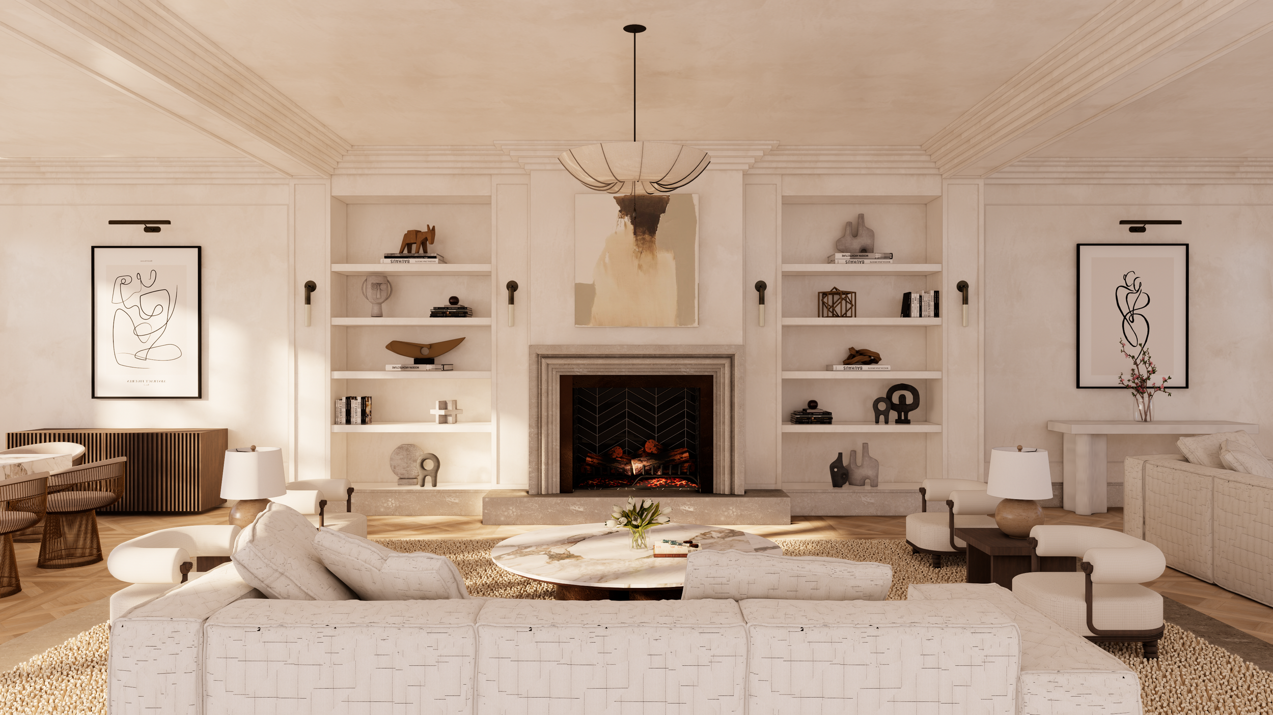 Living room with traditional contemporary design. Sunlight flooding the room over designer furniture, joinery, parquetry floors & polished plaster walls.