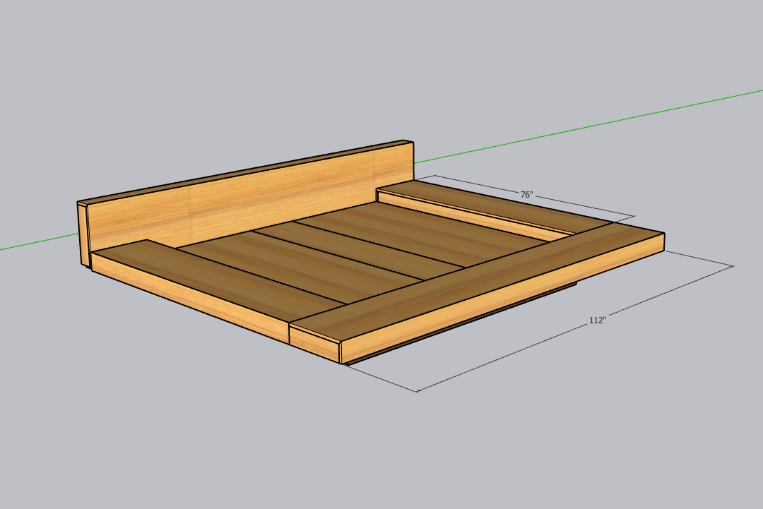 A digital 3D rendering of a wooden bed frame with dimensions 76 inches wide and 112 inches long, featuring a headboard and side rails.