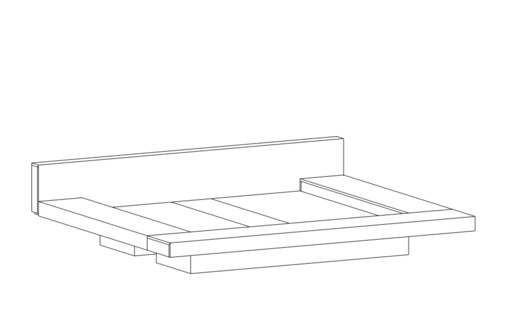Line drawing of a modern bed with a headboard and a layered platform base.