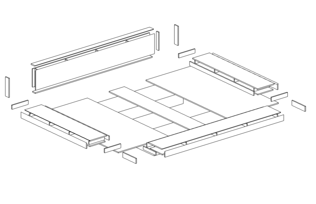 Technical diagram of an exploded view of a mechanical or electronic device showing various rectangular and elongated components separating outwardly from a central structure.