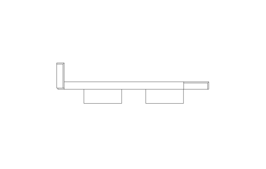 Line drawing of a long, flat bench with a vertical backrest on the left side and two rectangular supports underneath.
