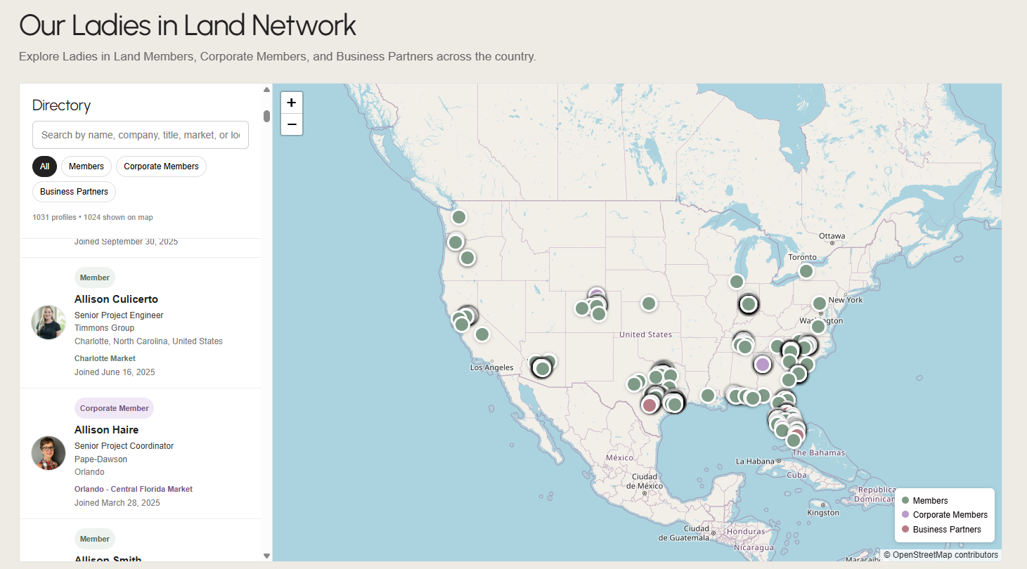 Ladies in Land interactive member and business partner map