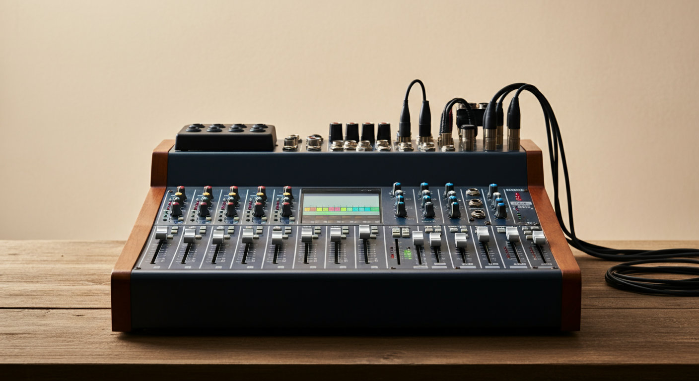 Audio mixing console with multiple controls, a small screen, and various cables connected, placed on a wooden surface.