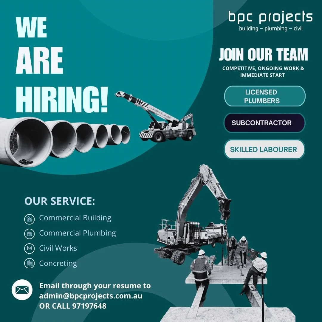 🚨WE&rsquo;RE HIRING 🚨
COME JOIN THE BPC TEAM
Looking for a fresh opportunity with a solid crew, great variety of work, and long-term career growth?

At BPC Projects, we specialise in Commercial Building, Plumbing &amp; Civil Construction with a str