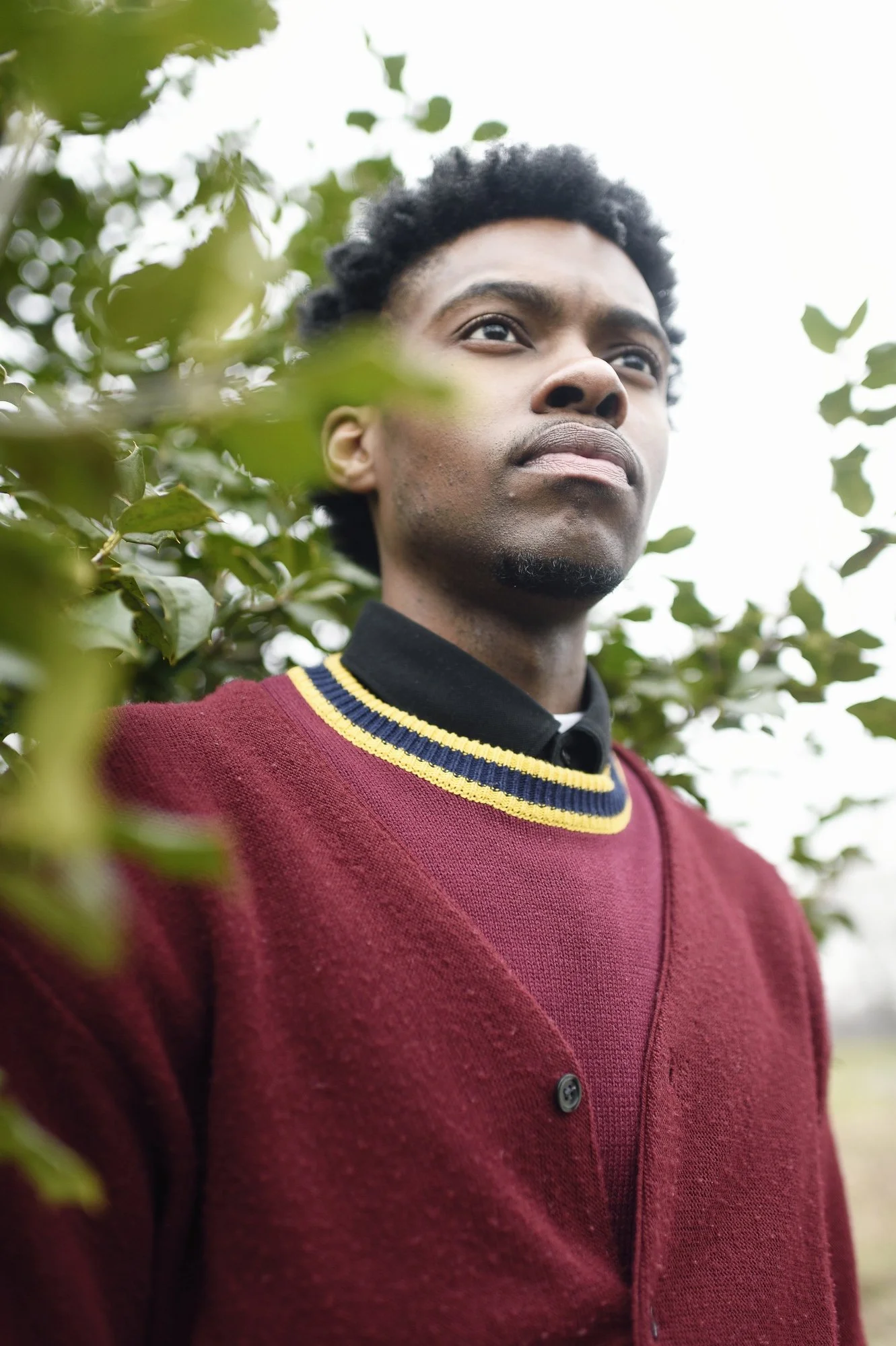 Professional, studious portrait of a man in dark brown skin and short black curly hair, wearing a collared shirt under a red sweater and cardigan.