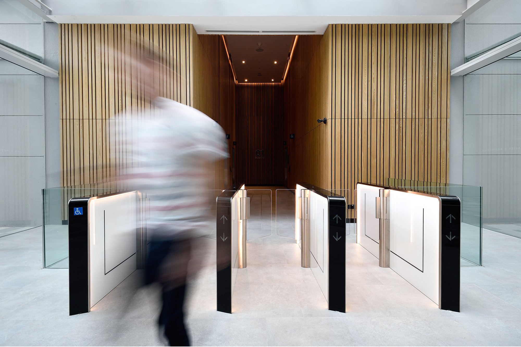 Architectural interior of a modern, light-filled entrance at ALICE@Mediapolis.
