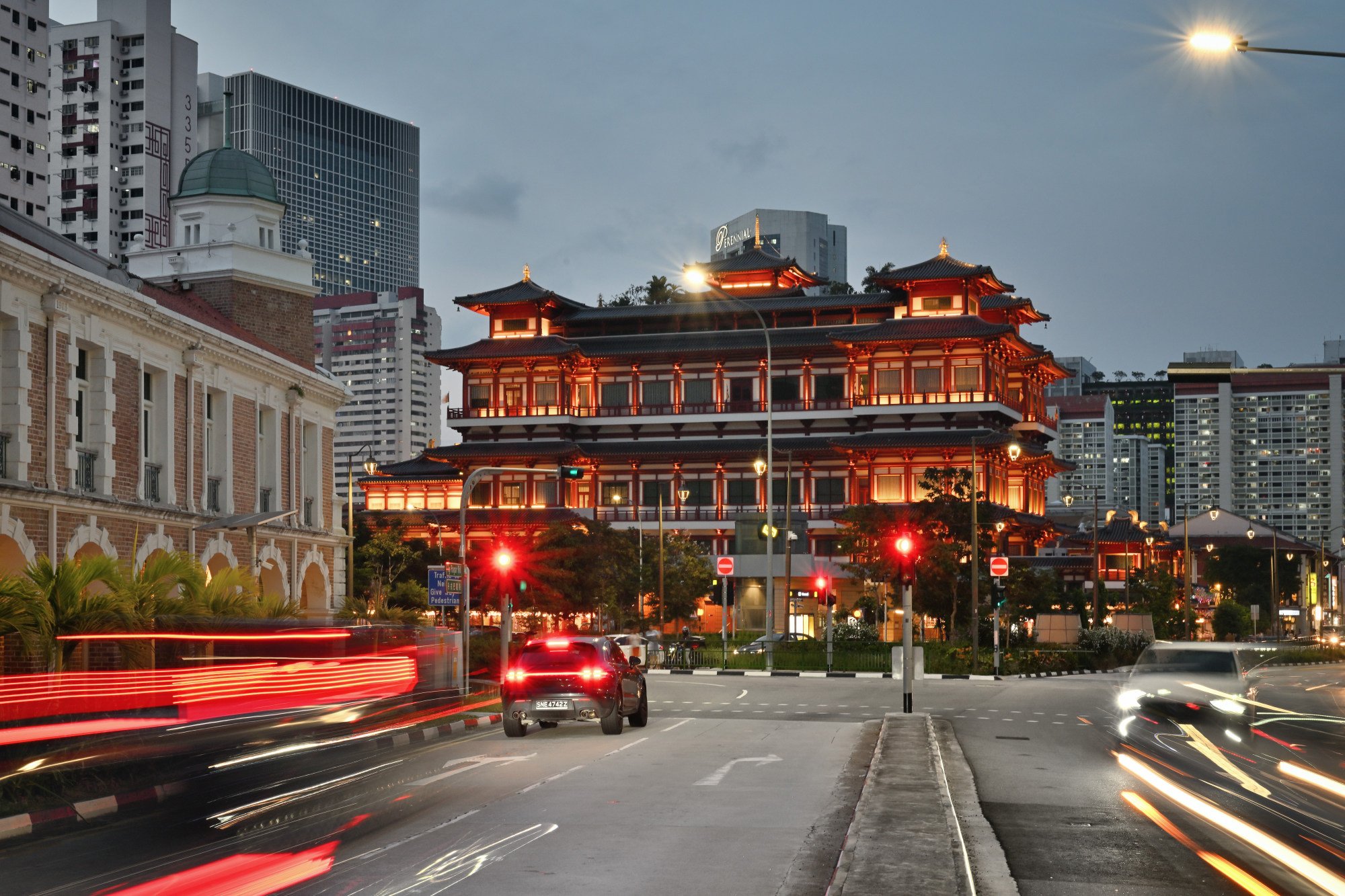 Night view of Buddhist temple in Chinatown, Singapore.