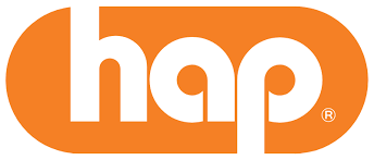 Hap logo in orange and white.