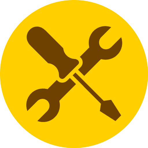 Brown crossed wrench and screwdriver icon on a yellow circular background