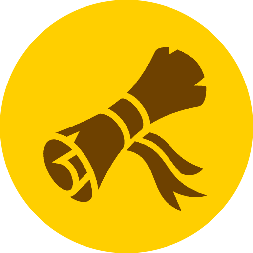 Brown rolled parchment scroll icon on a yellow circular background