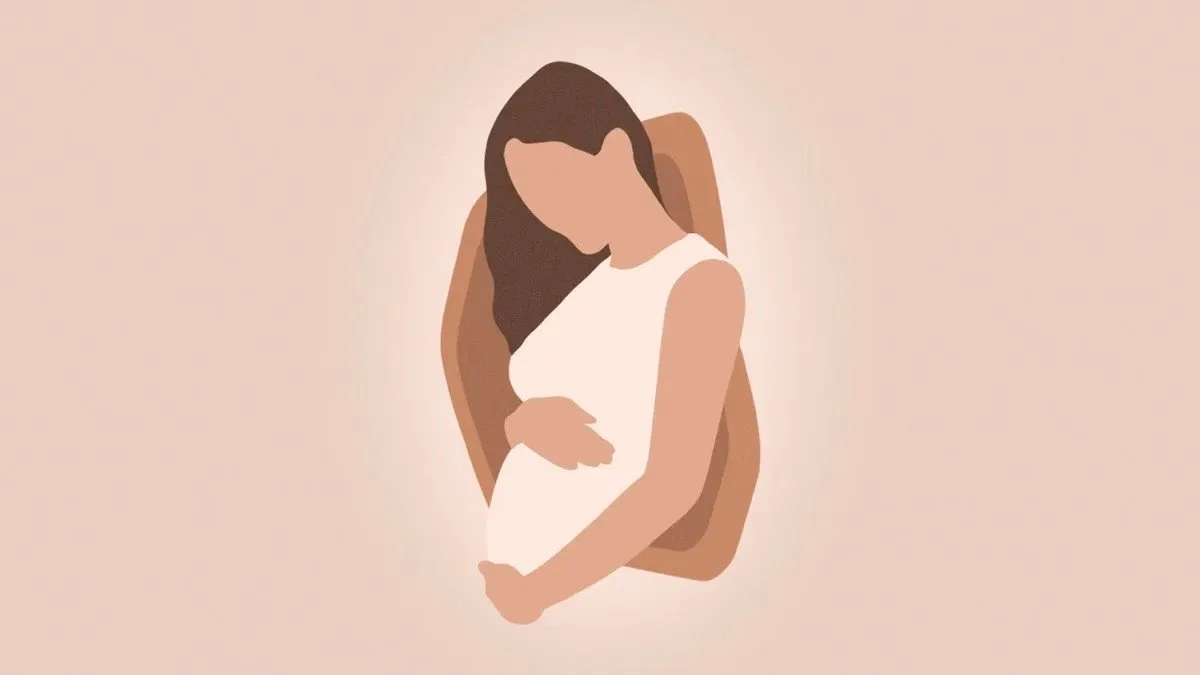 Illustration of a pregnant woman with long hair, hands on her belly, and wearing a white dress on a beige background.