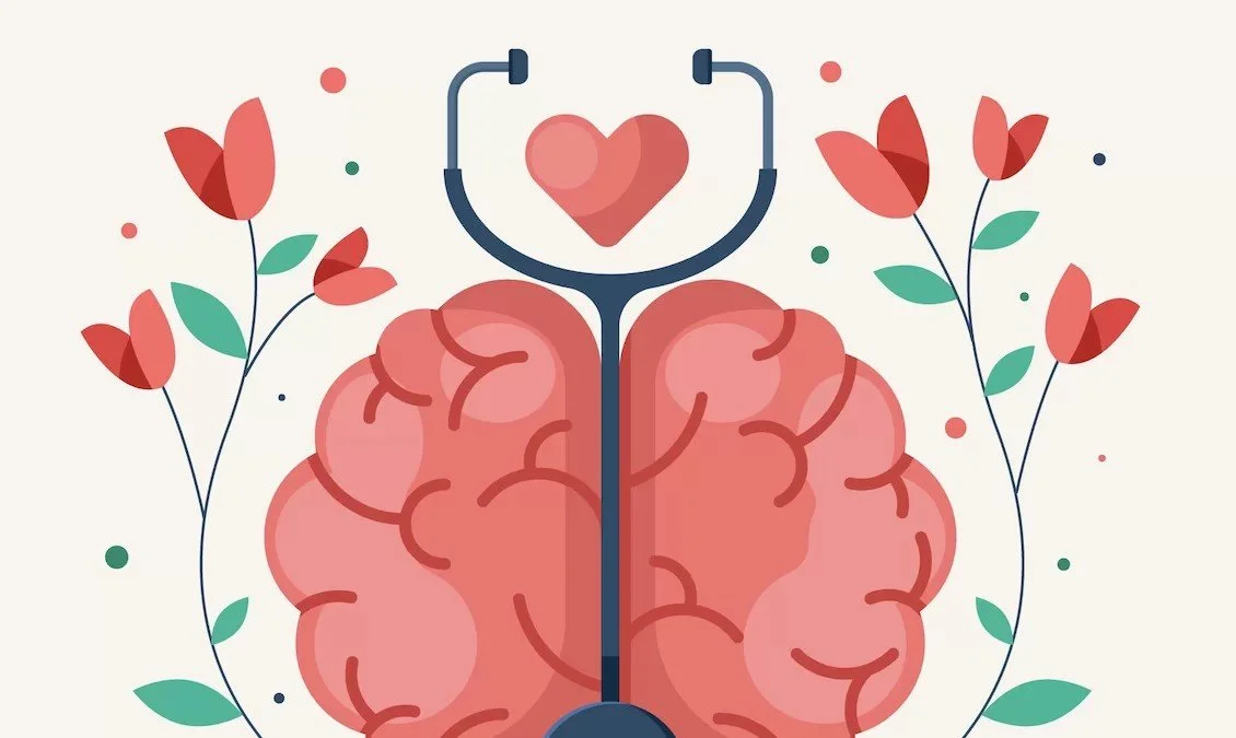 Illustration of a brain with a stethoscope forming a heart, surrounded by red flowers and green leaves on a light background.