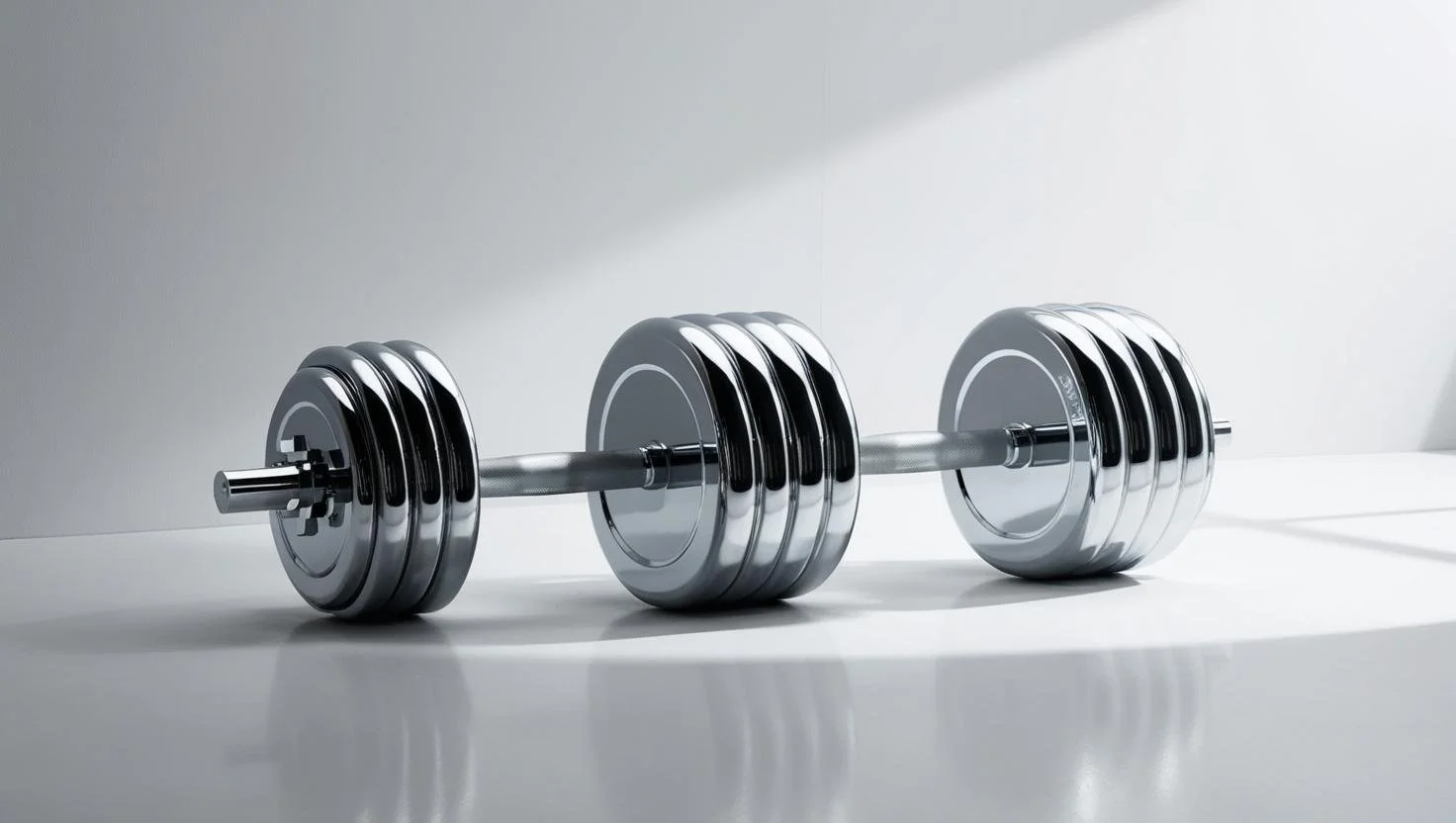 Chrome dumbbell with multiple weight plates on a reflective surface