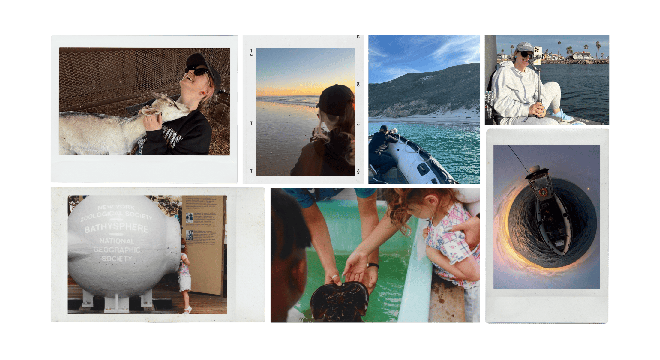 Collage of images featuring the founder of Salt + Noelle at different stages in life including: holding a goat, photographing birds on the beach, visiting an aquarium, photographing from a boat, and more.