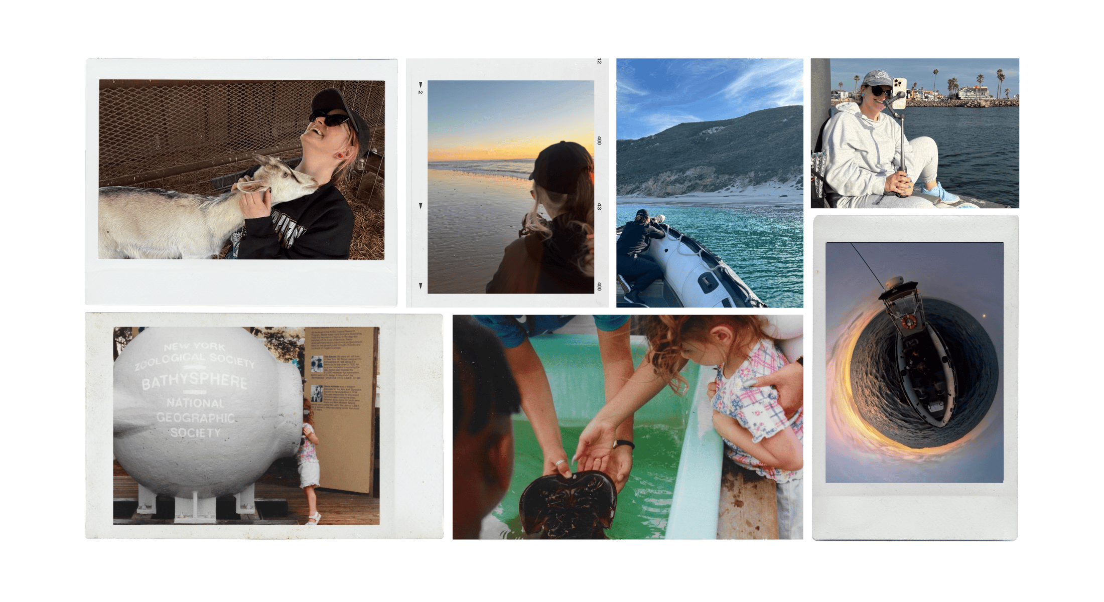 Collage of Alexis Noelle Galasso at different stages of life, from holding a goat to photographing shorebirds on a beach.