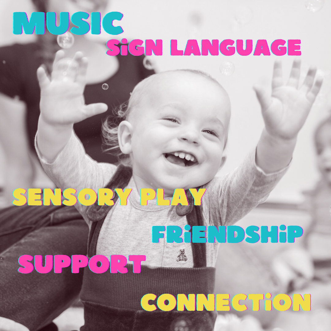 Photo of toddler boy raising hands with bubbles for Happy Talk Orlando Baby and Me Song, Sign and Sensory Play Class