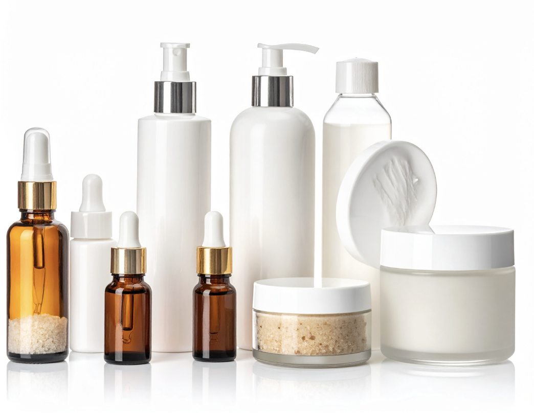 Skincare or cosmetic products, including bottles, jars, a mortar and pestle, and a beaker with liquid, arranged on a white surface.