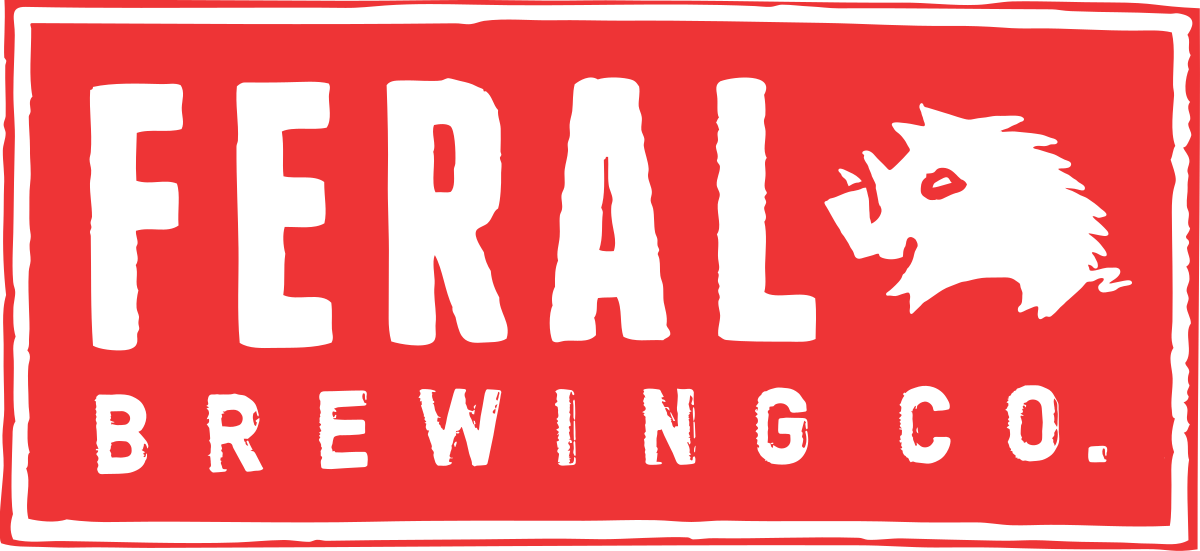 Red rectangular logo for Feral Brewing Co. with black text and a black lion's head silhouette.