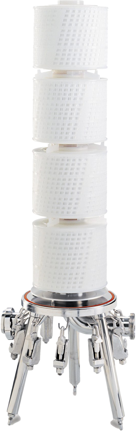 A close-up of a space capsule hatch with four white filter canisters vertically aligned on top of it.