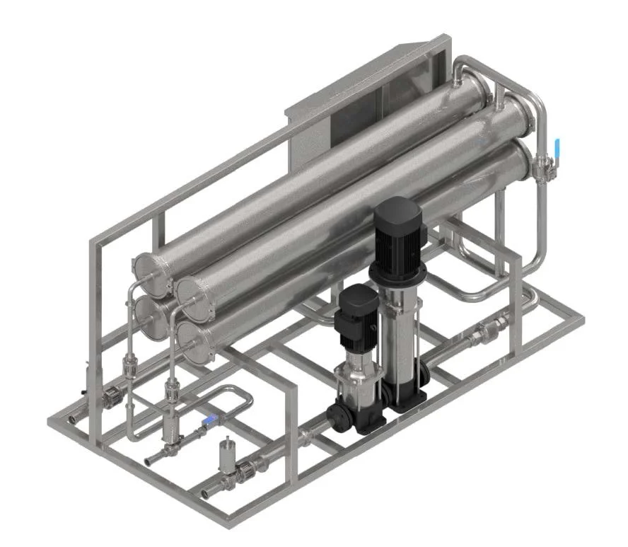 Reverse osmosis filtration system with metal pipes and pumps