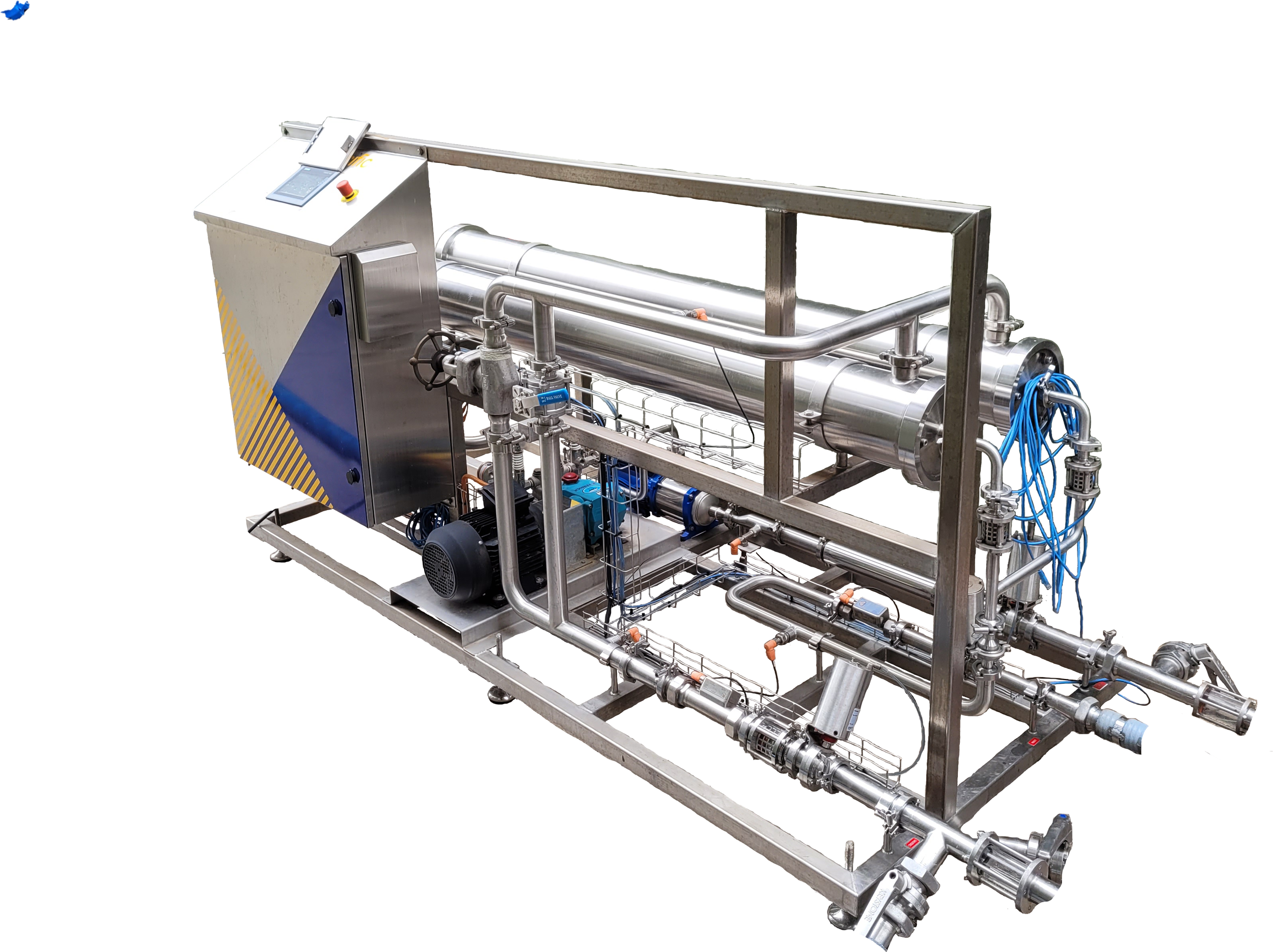 Industrial water treatment or filtration system with stainless steel pipes, valves, and control panel.