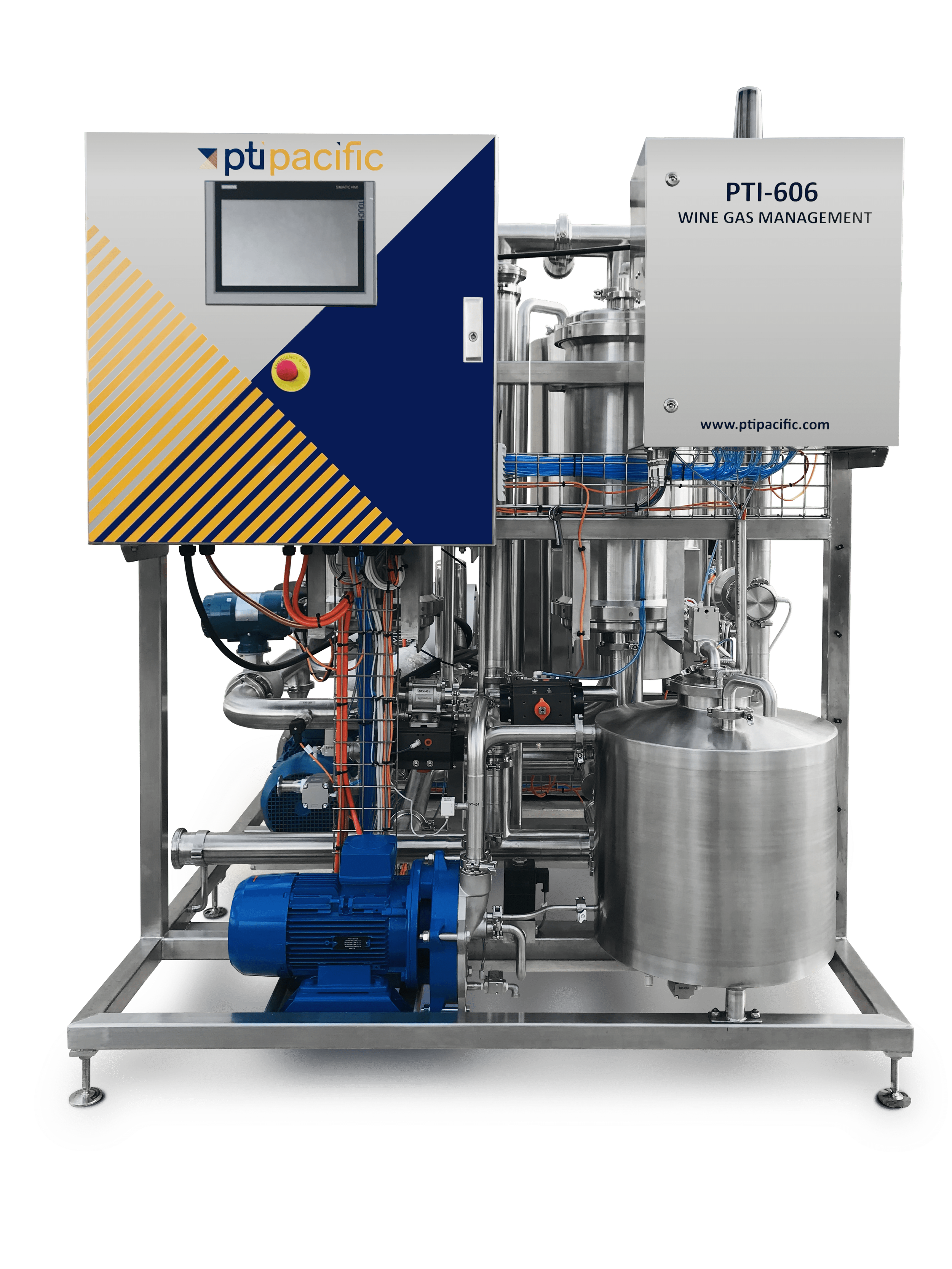 Industrial wine gas management equipment with stainless steel components and control panel labeled 'PTI-606 WINE GAS MANAGEMENT'.