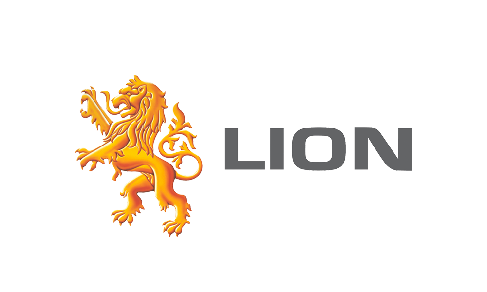 Logo of a golden lion with a mane, standing on its hind legs, next to the word 'LION' in gray capital letters.