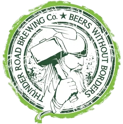 Logo of Thunder Road Brewing Co. featuring a bearded man wearing sunglasses and holding a hammer.