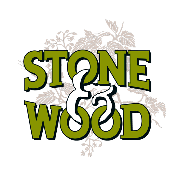 Logo with the words 'Stone & Wood' in bold green letters, intertwined with white ampersands, and a background of light gray botanical illustrations on a black background.