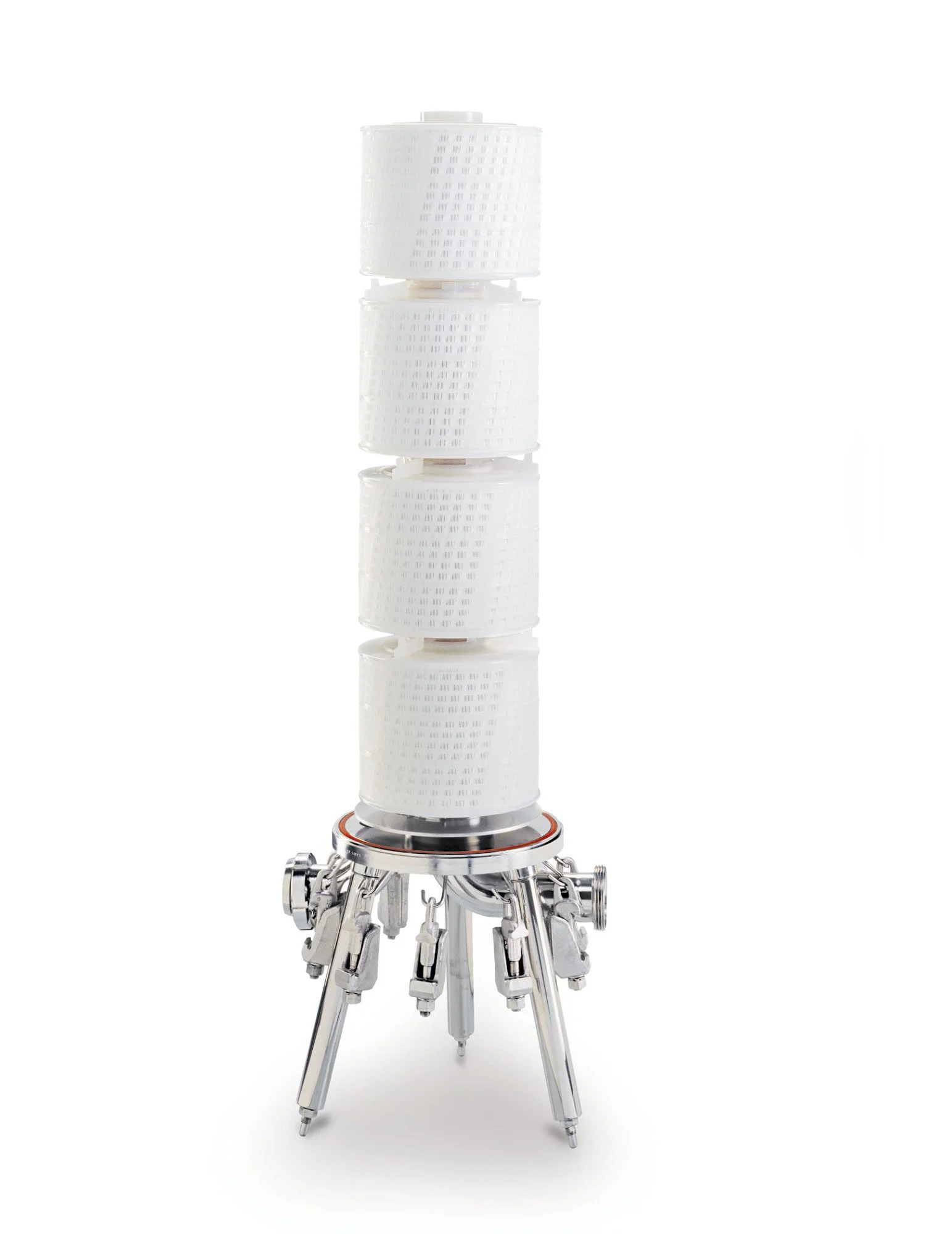 An artistic sculpture made from an assembly of car engine parts and four white cylindrical filters or containers stacked vertically, standing on a white background.