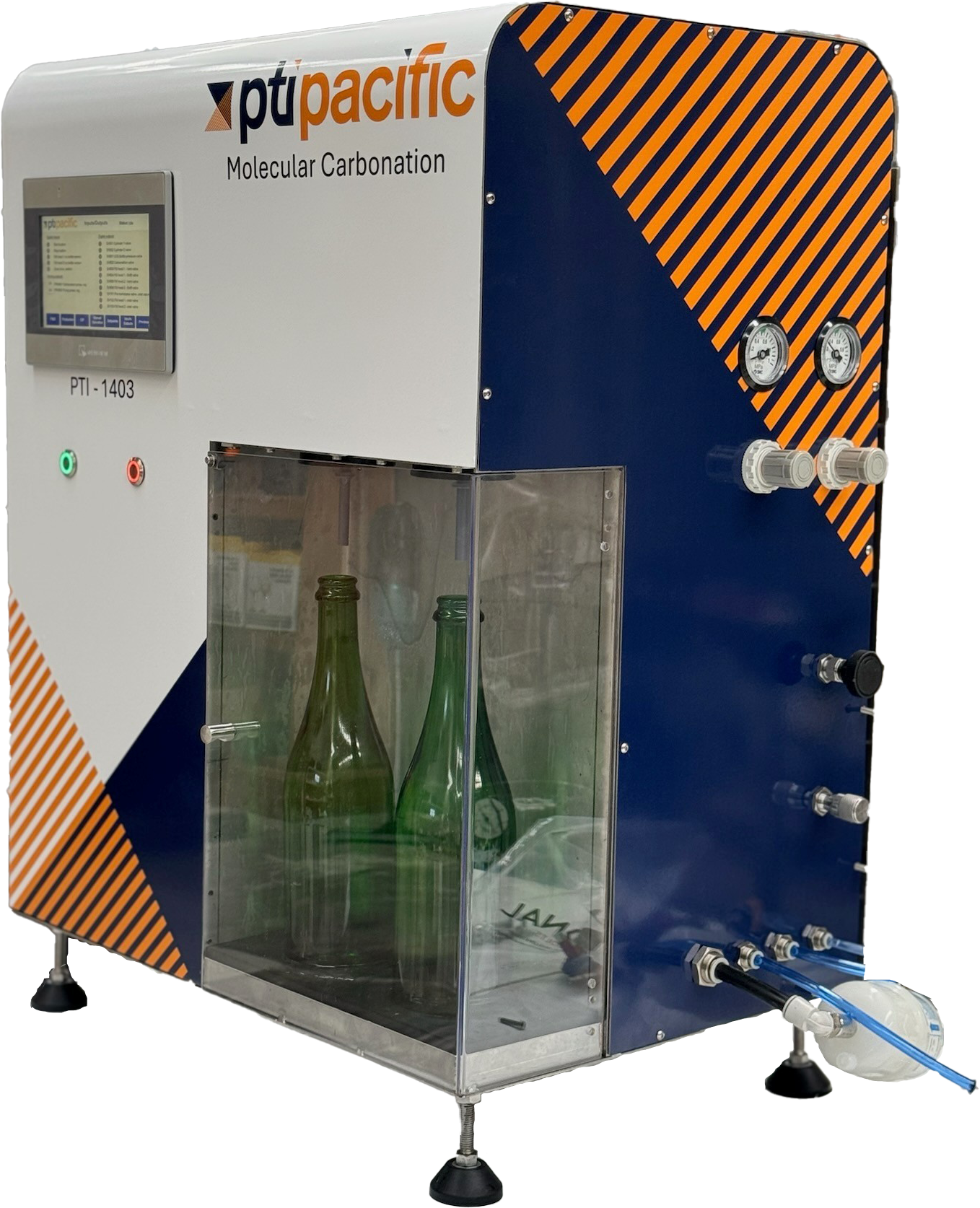 A PTI Pacific Molecular Carbonation machine used for carbonating beverages, with green bottles inside a clear enclosure, control panel, gauges, and valves.