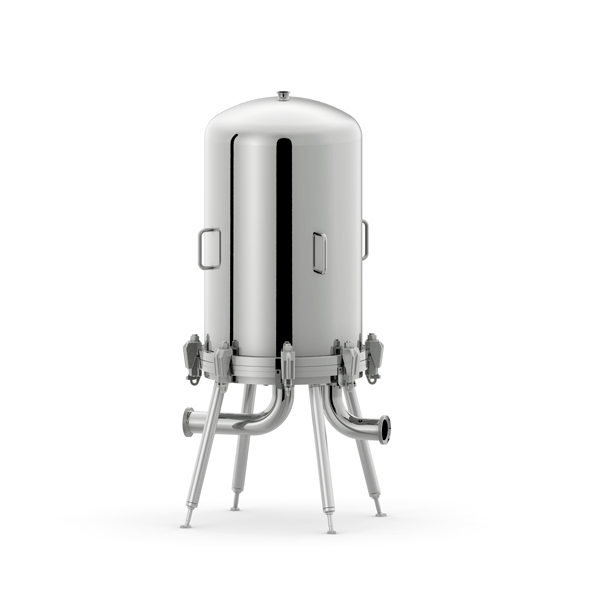 A stainless steel industrial distillation or fermentation vessel with multiple legs and access ports, used in beverage or chemical production.