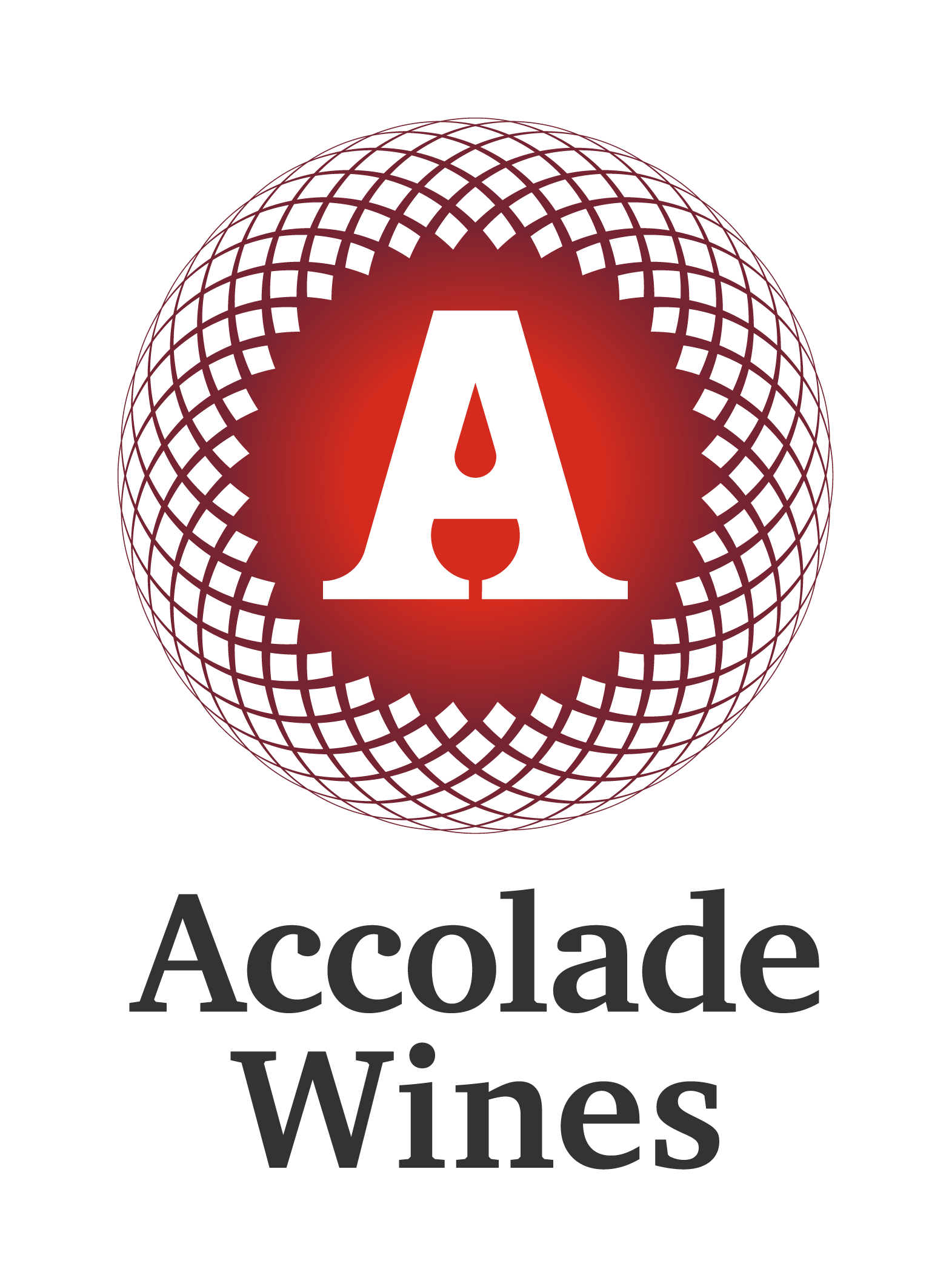 Logo for Accolade Wines with a stylized red spherical grid and a black letter A with a wine glass silhouette inside.