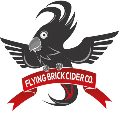 Illustration of a black bird with a prominent crest, holding a red banner with the text "Flying Brick Cider Co."