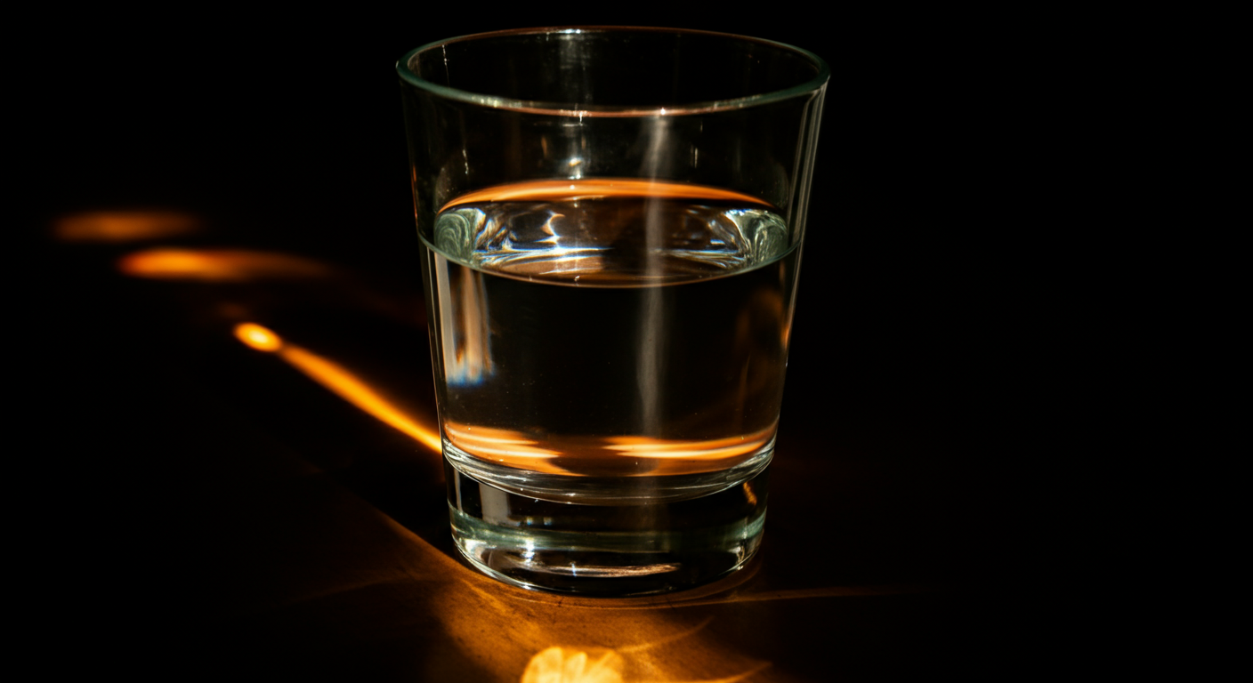 A clear glass of water on a dark surface with a black background, illuminated by warm light creating reflective patterns and a glow around the glass.