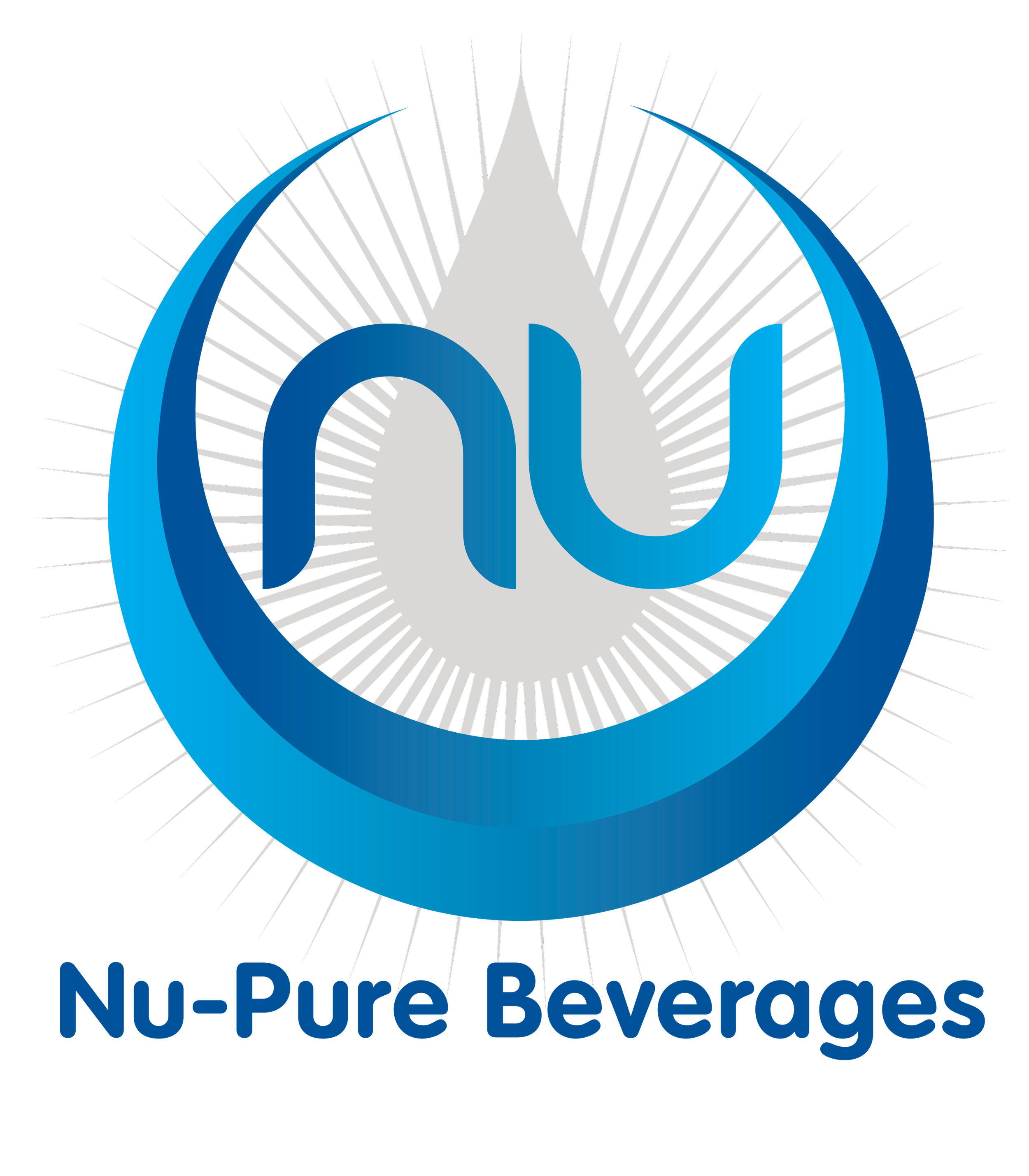 Logo for Nu-Pure Beverages featuring a stylized blue wave and water droplet with radiant lines and the company name underneath.