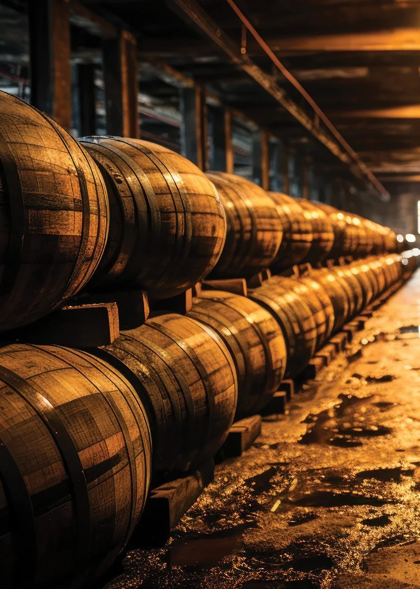 Rows of wooden barrels in a dimly lit warehouse.
