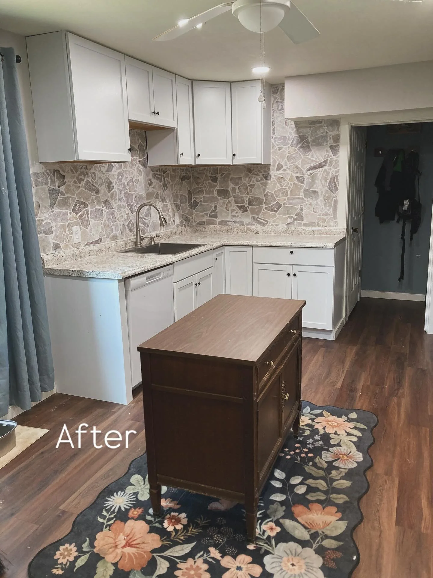 Client wanted the cabinets raised and stone back splash installed. Will come back to add a row of shelves in the future. #pinterestaesthetic #stonebackplash #home