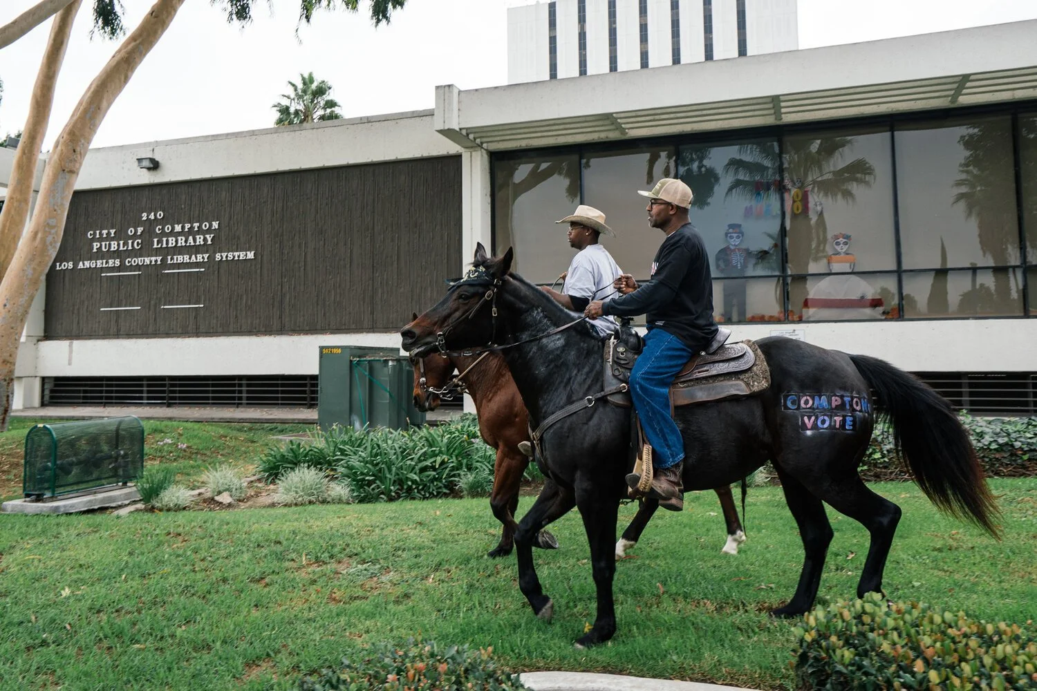  The Compton Cowboys ride to the City of Compton Public Library ballot box on October 25, 2020 to cast their ballots. 