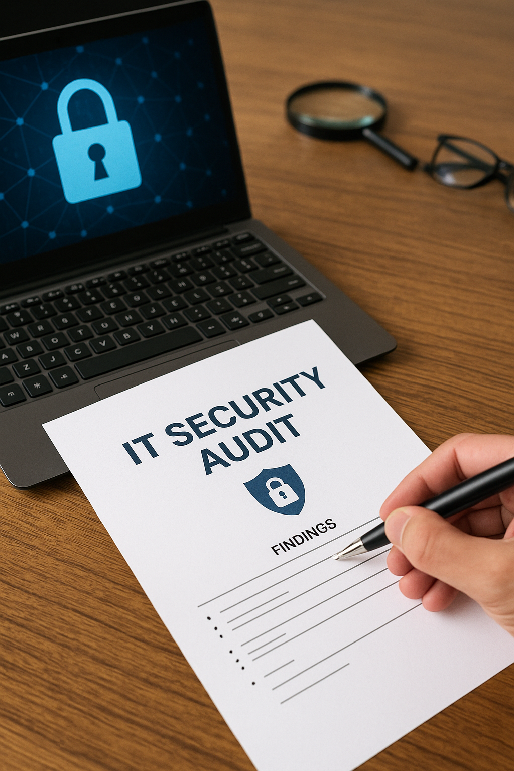 A person writing on an IT security audit findings document placed on a desk, next to a laptop showing a padlock icon on the screen, with a magnifying glass in the background.