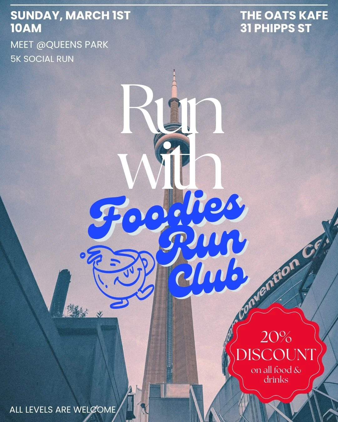 Hey runners and foodies! We&rsquo;re back with another run on March 1st - save the date! Our meetup spot is now Queens Park (in front of the big statue) instead of UC college. 
We&rsquo;ll be running a 5K to The Oats Kafe ☕️ Don&rsquo;t miss out on 2