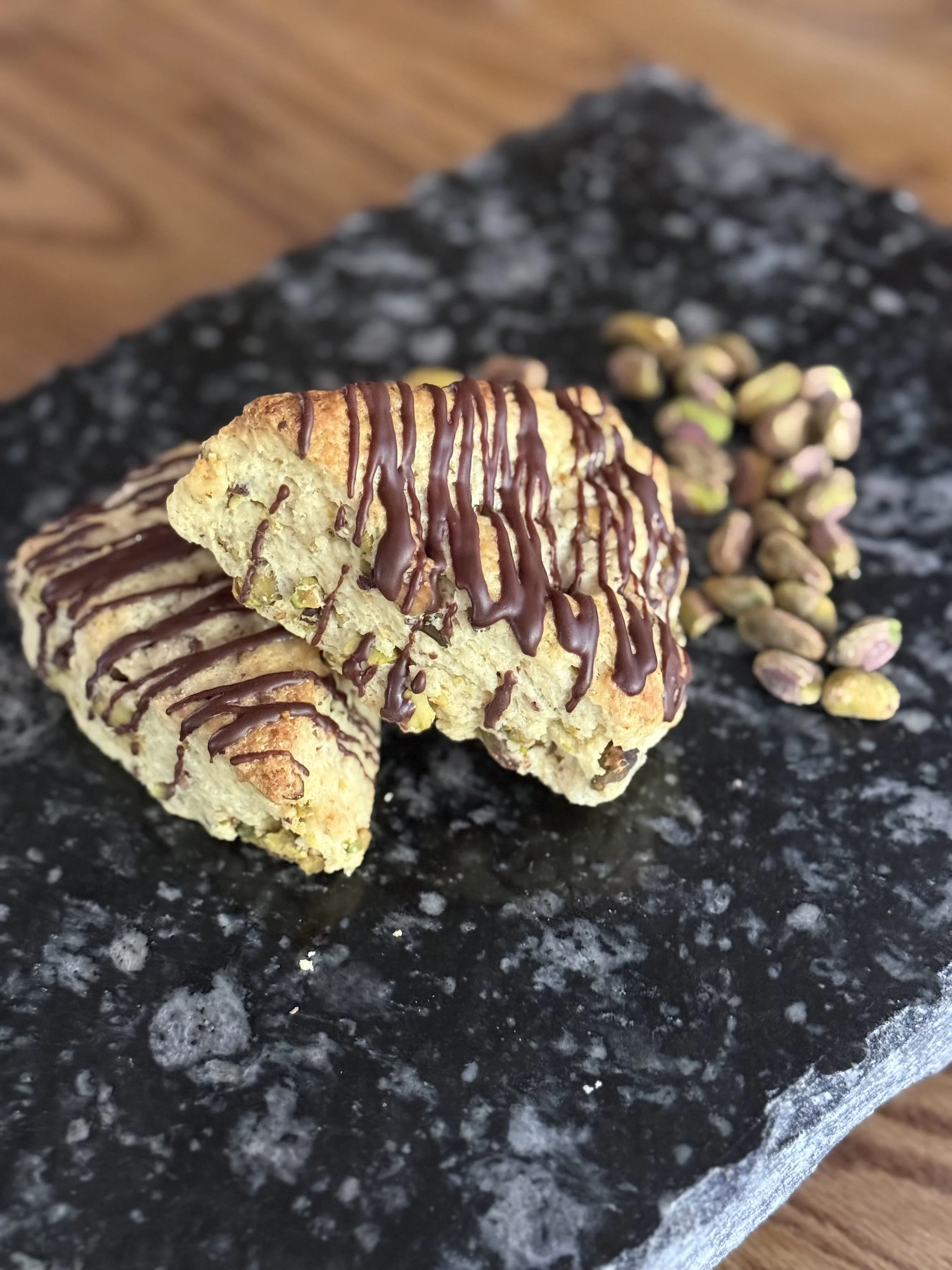 Pistachio & Chocolate Drizzle Sourdough Scones