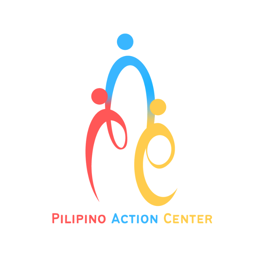 Three abstract figures in red, blue, and yellow with the text Pilipino Action Center also in red, blue, and yellow for each separate word.  