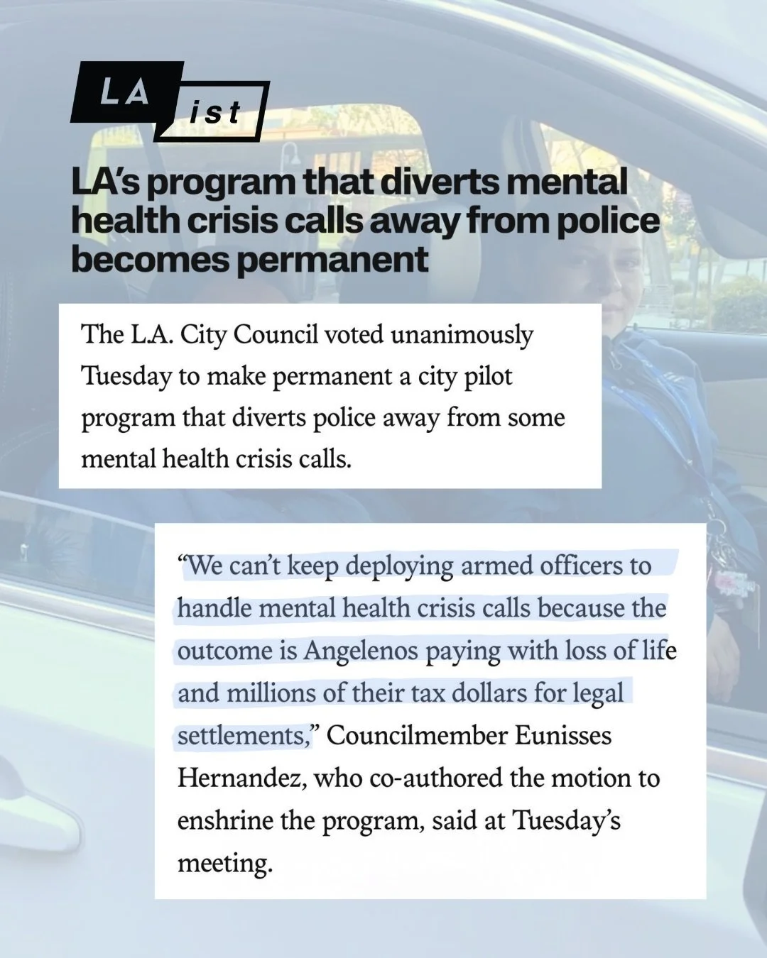 The Unarmed Crisis Response Program is now permanent.

Yesterday, the L.A. City Council approved the motion I co-introduced to make our unarmed crisis teams a permanent part of how Los Angeles responds to crisis. We cannot keep sending armed officers