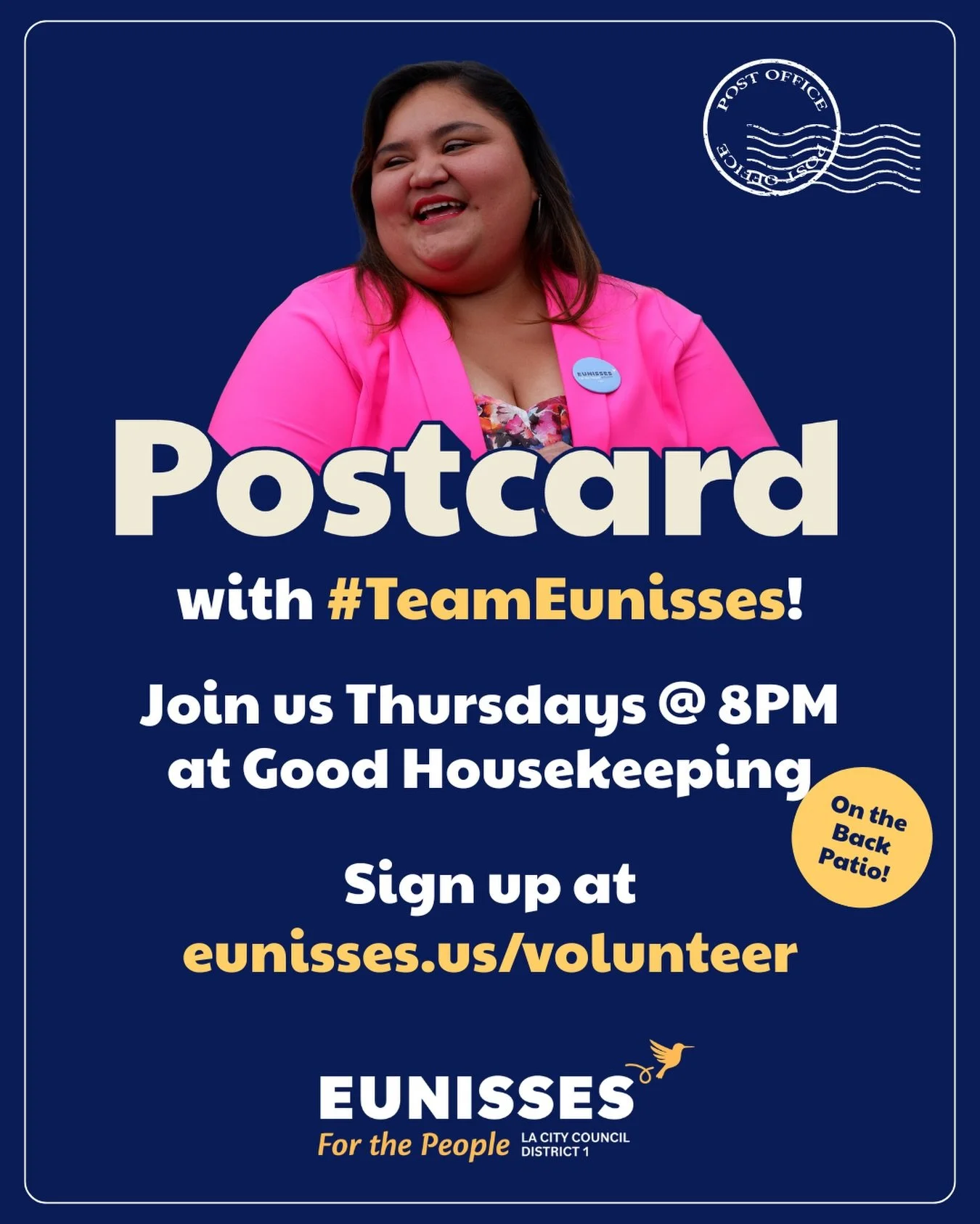 Join #TeamEunisses every Thursday at 8 PM at Good Housekeeping (5631 N Figueroa St, back patio) to help postcard voters and power our re-election campaign. ✍🏽💛

These postcards help us reach neighbors across CD1 and keep building the people-powered