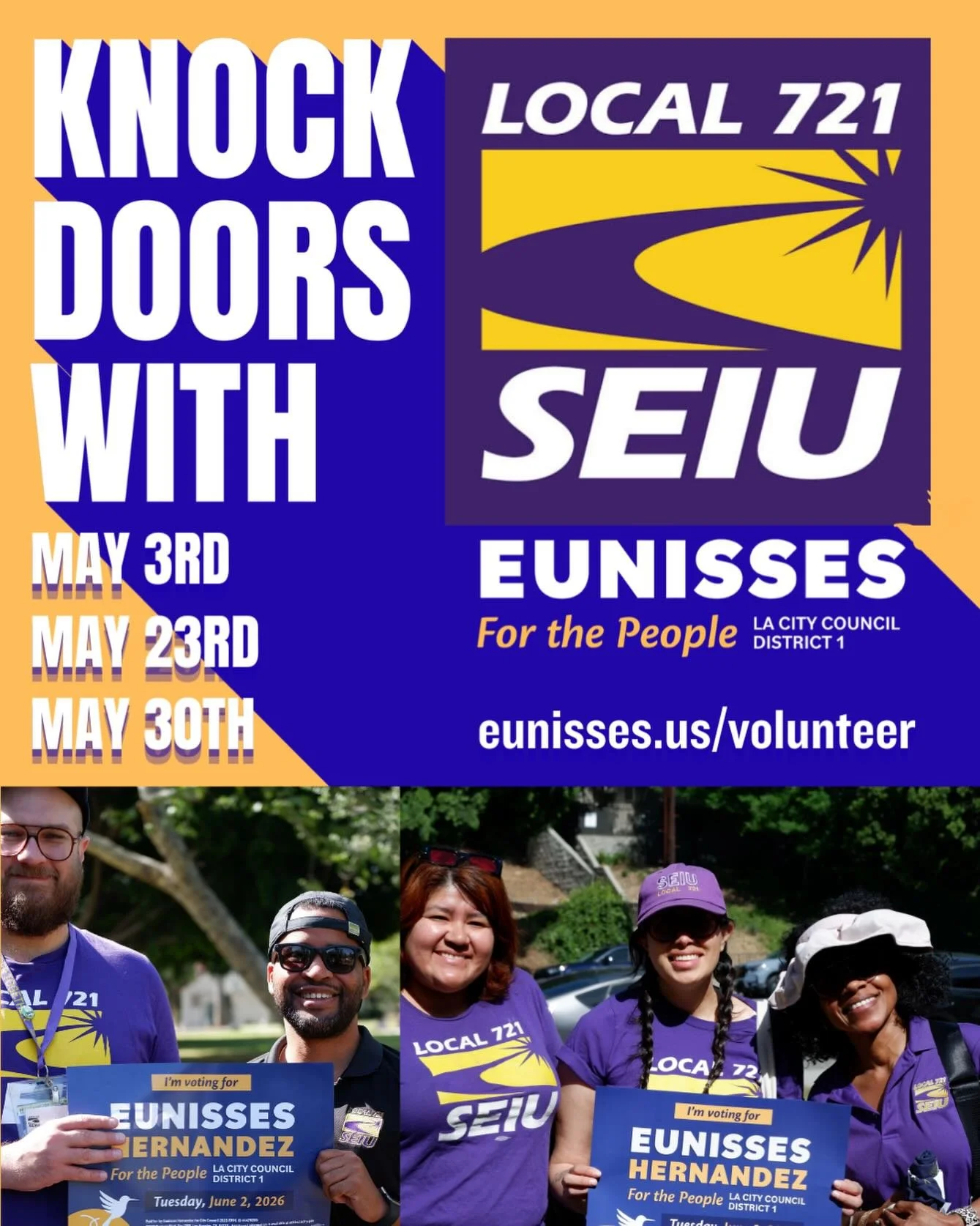 Hit the doors with us alongside our labor allies at @seiu721! The purple army will be knocking with us on May 3rd, May 23rd and May 30th. Sign up for a shift to join us and let&rsquo;s WIN THIS THING! 🏆 💜

Eunisses.us/volunteer