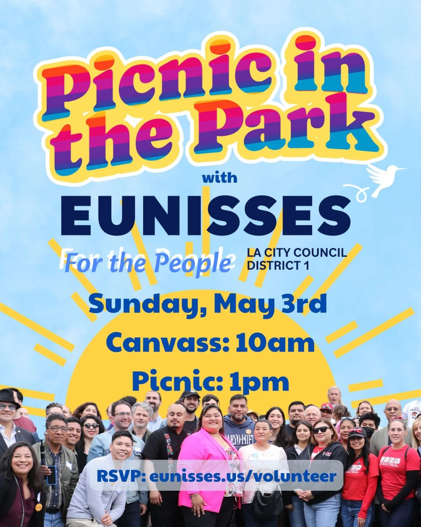 Sunday Funday 2.0! We had so much fun at the last picnic we decided to do it again! Join us on Sunday for a morning canvass with @seiu721 followed by a community picnic at Sycamore Grove Park! RSVP here: Eunisses.us/volunteer

See you then! 🧺